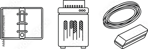 Vector art of office binder, shredder, tape, and eraser
