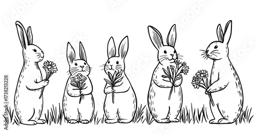 The image features rabbits in silhouette, posed in various ways and surrounded by flowers, all on a white background