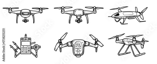 Modern flying robot drone vehicles are represented by drone line icons, including unmanned controlled aviation aircraft with cameras, copters with wireless control, and drones equipped with batteries