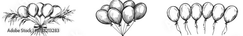 Against a white background, the black silhouette of balloons on strings is visible