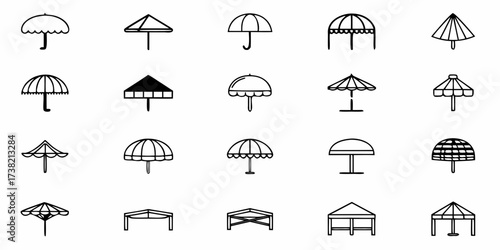 Collection of diverse umbrella and canopy icons showcasing various designs, perfect for weather protection, outdoor events, or summer themes in a clean, modern style