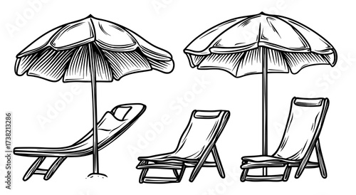 Figures of beach umbrellas and loungers for warm-weather leisure