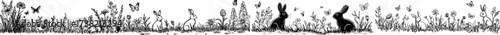 The outline of rabbits and butterflies set against a backdrop of flowers in a meadow