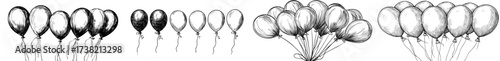 A white background features the black silhouette of balloons with strings