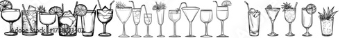 Decorative garnishes adorn the silhouettes of a variety of cocktail glasses
