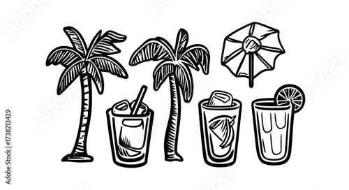 Ornate glasses containing a variety of tropical cocktails are illustrated in silhouette form