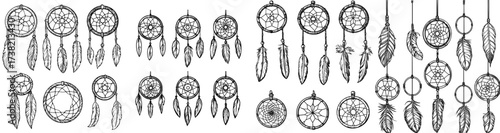 A tribal-style assortment of dreamcatcher shapes accompanied by feathers has been compiled