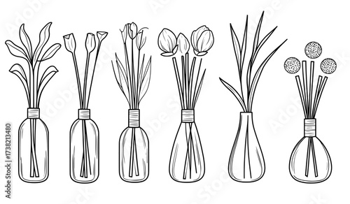 Illustrations of essential oil diffusers in silhouette form incorporate botanical elements