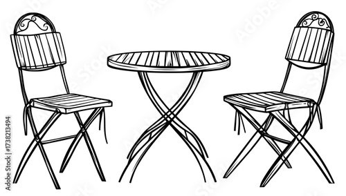 The illustration, in black and white, depicts silhouettes of different chairs and tables