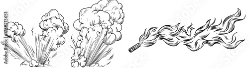 A cartoon smoke explosion is illustrated in a modern style with various shapes of plumes