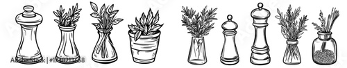 Silhouette illustration featuring kitchen decor items such as spice jars and herb containers