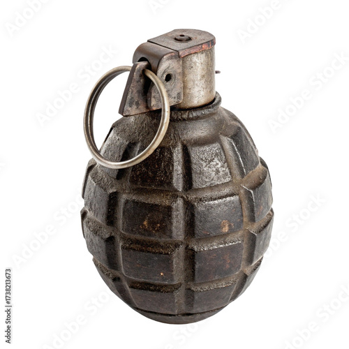 A vintage hand grenade with a pull pin isolated on transparent background