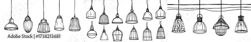 A white background features the silhouettes of numerous ceiling lights and fans