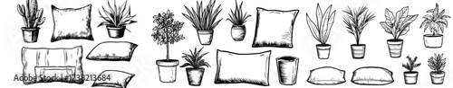 Illustration of cushions and plants in silhouette for home decor design