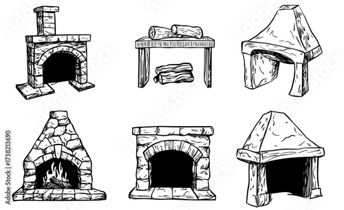 Silhouettes of fireplaces in black and white for designing and decorating spaces