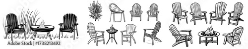 Outdoor furniture and decor elements are shown in black and white silhouettes