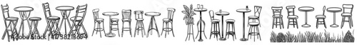 Outlines of circular tables and chairs in a range of traditional styles
