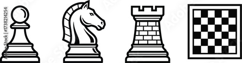 Vector art of chess pieces with pawn, knight, rook, and board