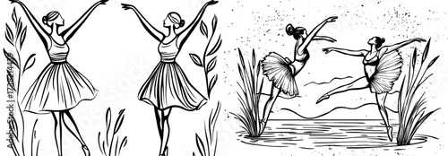 The silhouettes of two dancers in a ballet pose are beautifully graceful, making them perfect for artistic creations