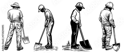 A construction worker's silhouette is shown holding a shovel, symbolizing industry and labor