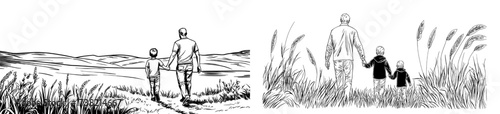 Father and son walking together in nature forms a silhouette suitable for family-themed designs