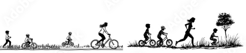 In silhouette, a family can be seen exercising, where the mother is jogging and the children are biking, all in pursuit of a healthy lifestyle