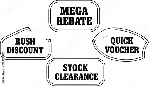 Vector art of mega rebate, rush discount, quick voucher, and stock clearance
