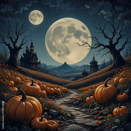 A spooky Halloween landscape featuring a glowing pumpkin, eerie atmosphere, and dark style, evoking mystery.