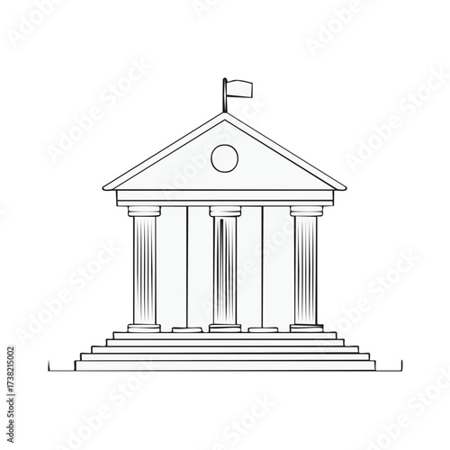 Line Art Government Building with Flag, Classic Columns, Steps, Architecture