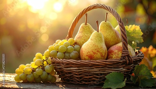 Harvested Ripe Pears and Grapes in Wicker Basket Bathed in Warm Sunlight with a Bokeh Background on a Wooden Surface Outdoors
