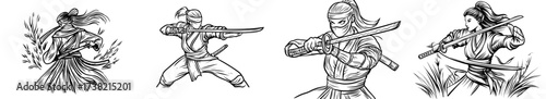 A samurai's silhouette is depicted in a combat stance, wielding a sword, for themes related to martial arts