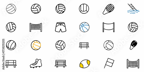 Dynamic collection of stylized sports icons featuring volleyballs, nets, benches, shorts, a tennis racket, a soccer cleat, and a water slide, perfect for athletic branding and design projects.