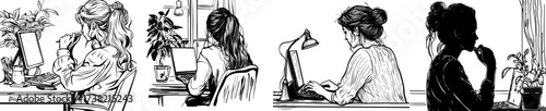 Illustration of a woman's silhouette typing on a computer for office or freelance work