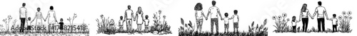 Family walking together in nature forms a silhouette for peaceful design themes