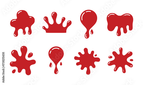 Collection of Red Splatters and Drips, Vector Illustrations
