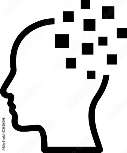 Vector outline of a human head with black squares above it symbolizing memory loss