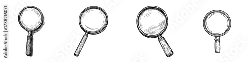 The illustration is a modern depiction of a magnifying glass with minimalist zoom and search features