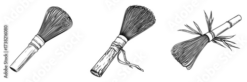 A modern flat illustration depicts a bamboo whisk isolated on a white background as matcha making equipment