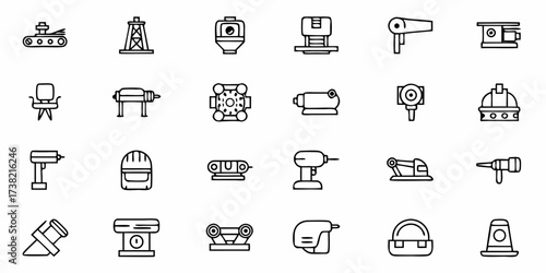 Dynamic collection of industrial and construction icons showcasing machinery, tools, and safety equipment essential for engineering projects and manual labor tasks.