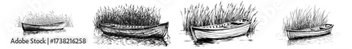 The illustration of a boat on the lake's bank is a modern depiction isolated on a white background