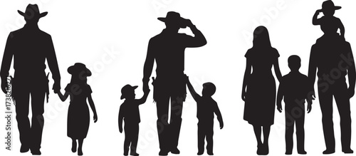 Black silhouettes of cowboy families walking together on white background family father
