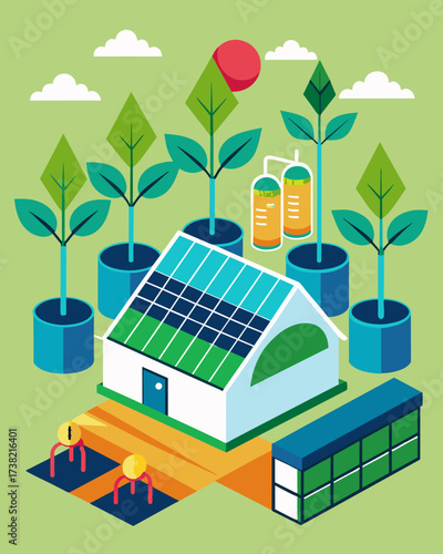 An agricultural research facility using solar panels to power their experimental greenhouses looking for ways to improve crop production using renewable energy.. Vector illustration