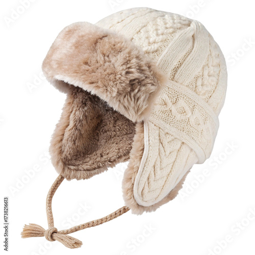 Warm knitted trapper hat with faux fur trim, isolated on transparent background