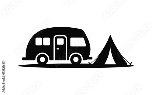 Camping silhouette of a retro camper van and a tent in a scenic outdoor setting