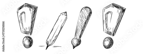 An outline line drawing clipart symbol of an exclamation mark icon with bubble chat set and comix exclamation mark icon in a hand drawn doodle style