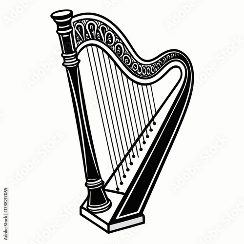 Elegant harp musical instrument in black and white