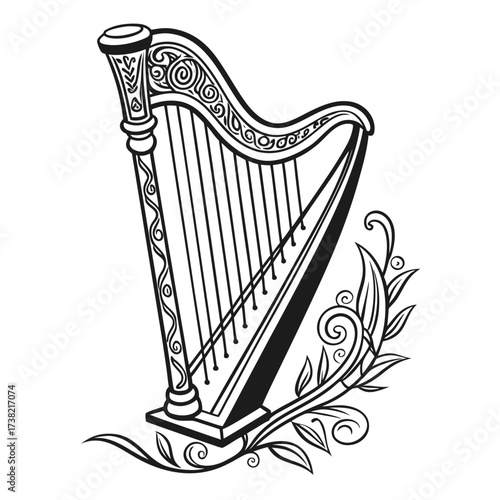 Elegant harp musical instrument with floral decoration