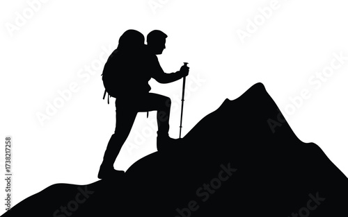 Silhouette of a hiker ascending a mountain peak with trekking poles