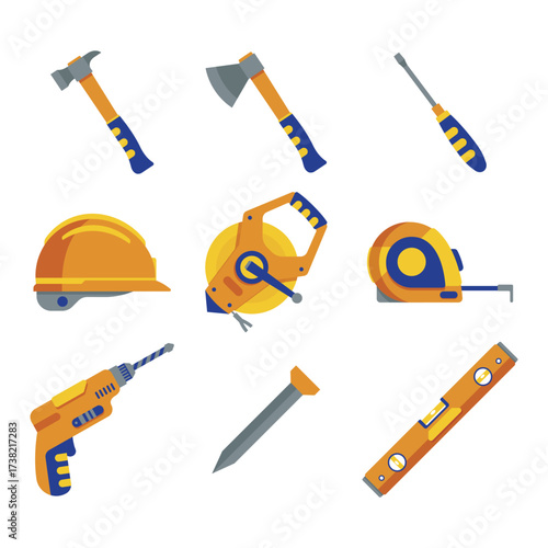 Illustration of construction tools including hammer, axe, drill, and hard hat.