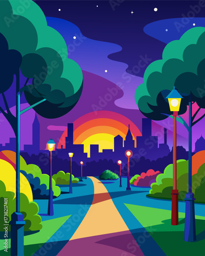 An evening stroll through a city park becomes a magical experience as solarpowered lights light up lush green trees in a rainbow of colors.. Vector illustration